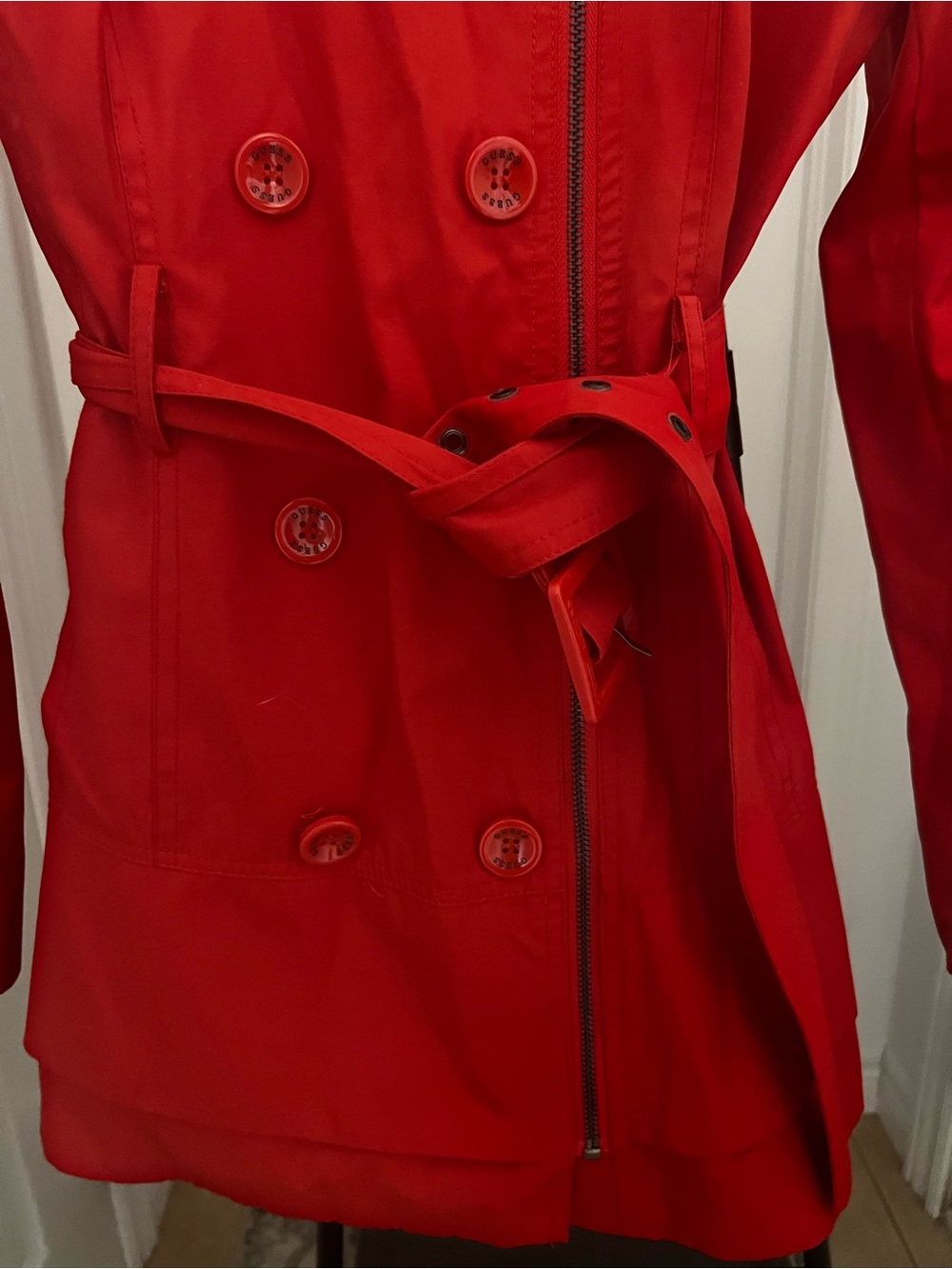 Vintage Guess Red Double Breasted Trench Coat Belted Women’s Medium - Picture 5 of 9
